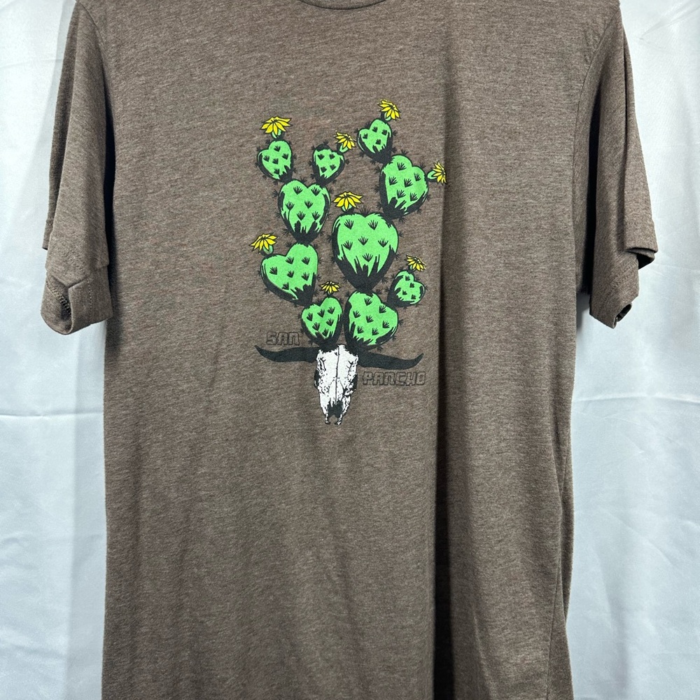 Pancho Vida Brown Tee with Green Cactus and Yellow Blossoms Graphic